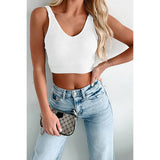 Solid V Neck Elastic Sleeveless High Waist Top - MVTFASHION.COM