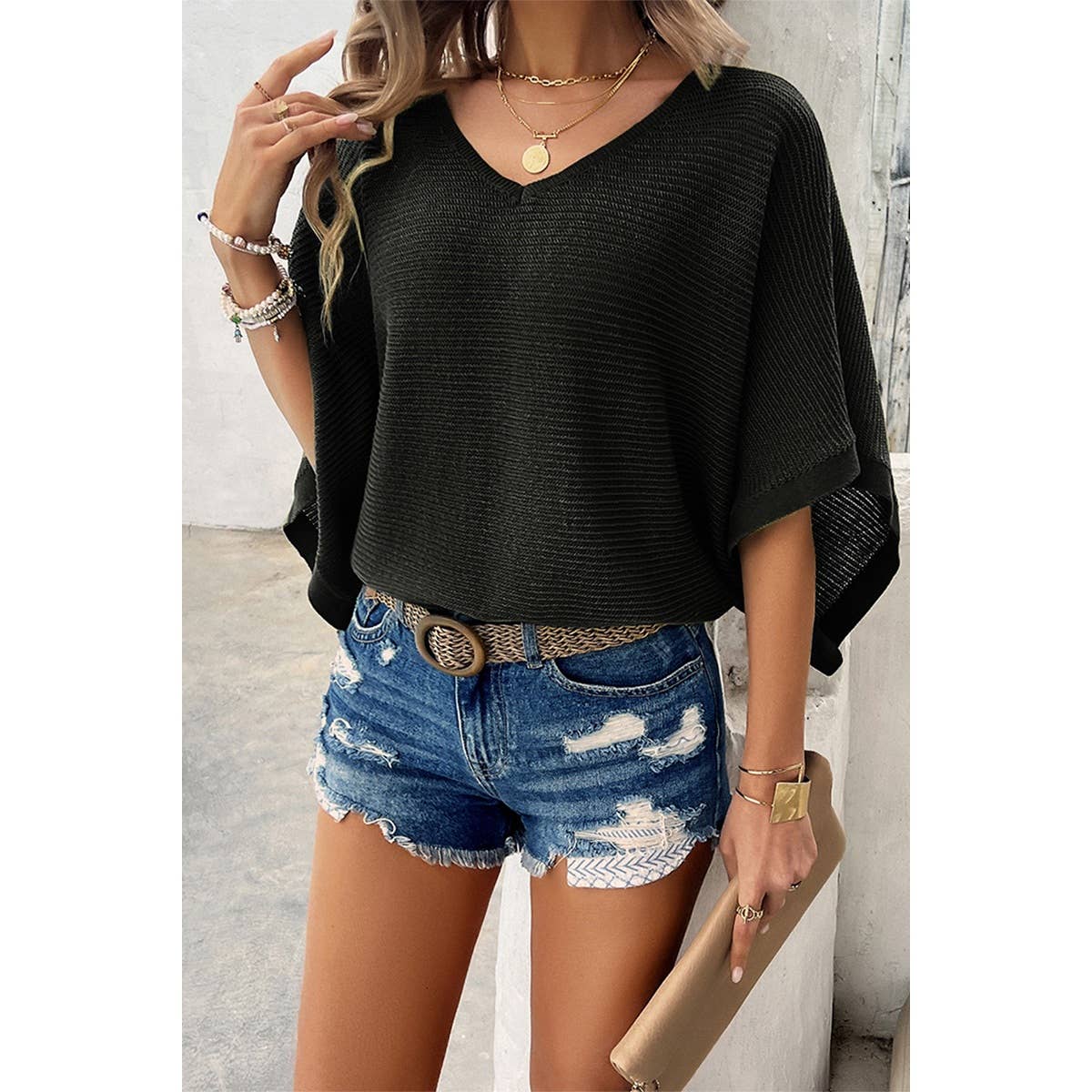 Solid V Neck Knit Loose Fit Bat Sleeves Top - MVTFASHION.COM