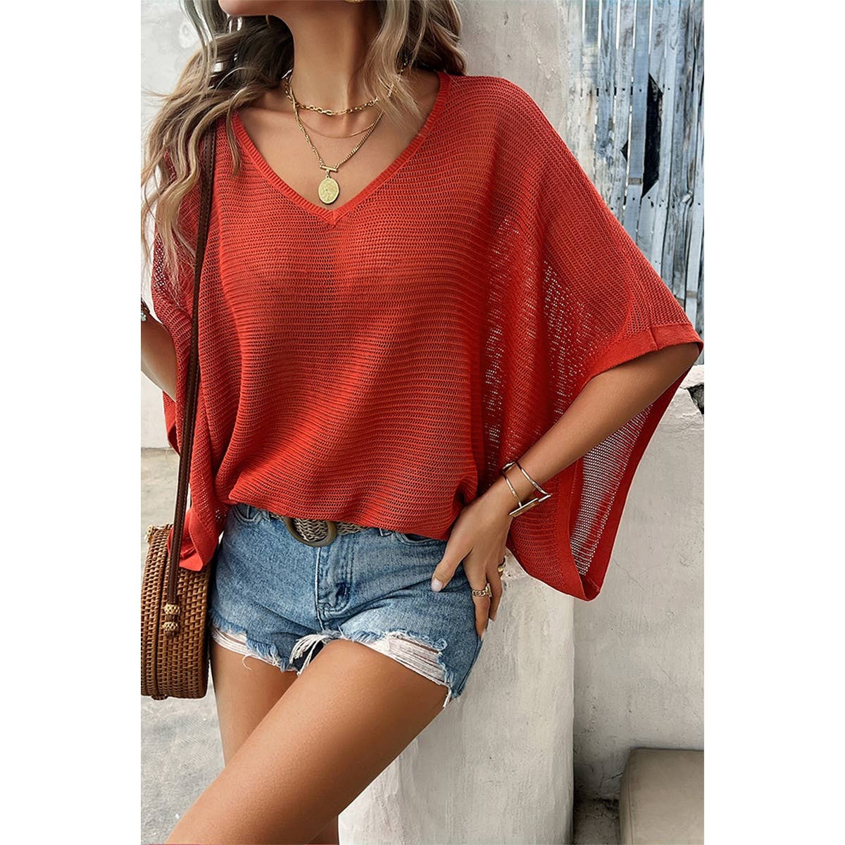 Solid V Neck Knit Loose Fit Bat Sleeves Top - MVTFASHION.COM