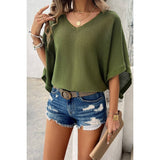 Solid V Neck Knit Loose Fit Bat Sleeves Top - MVTFASHION.COM