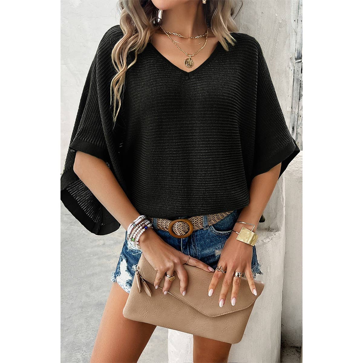 Solid V Neck Knit Loose Fit Bat Sleeves Top - MVTFASHION.COM