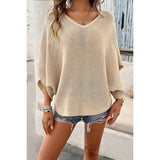 Solid V Neck Knit Loose Fit Bat Sleeves Top - MVTFASHION.COM