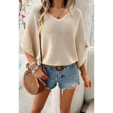 Solid V Neck Knit Loose Fit Bat Sleeves Top - MVTFASHION.COM