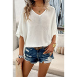 Solid V Neck Knit Loose Fit Bat Sleeves Top - MVTFASHION.COM