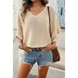 Solid V Neck Knit Loose Fit Bat Sleeves Top - MVTFASHION.COM