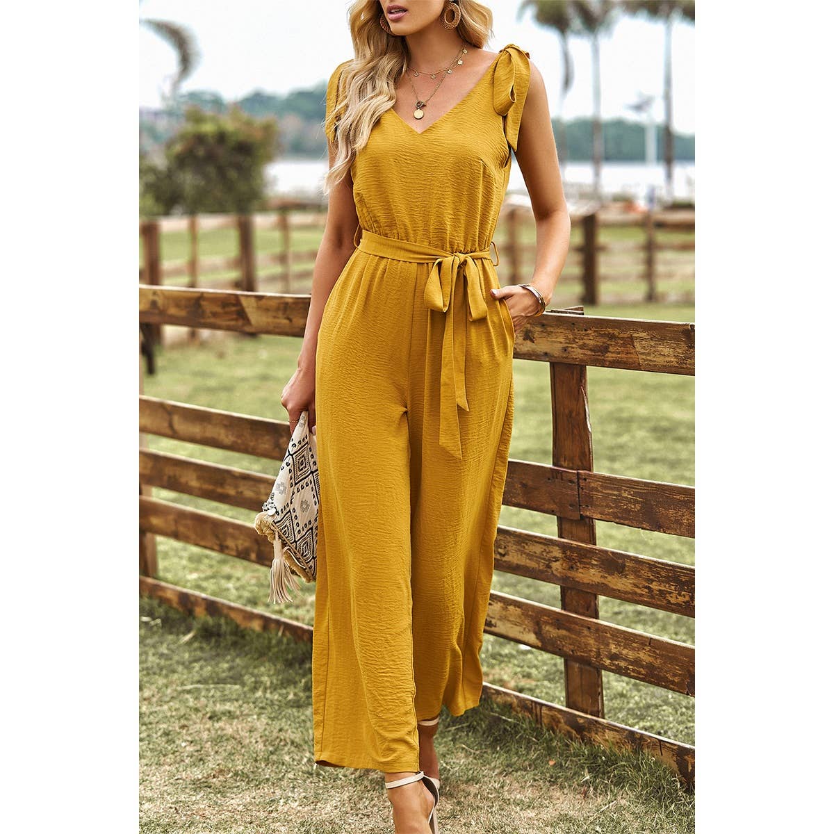 Solid V Neck Knot Shoulder Sleeveless Ruched Belt Jumpsuit - MVTFASHION.COM