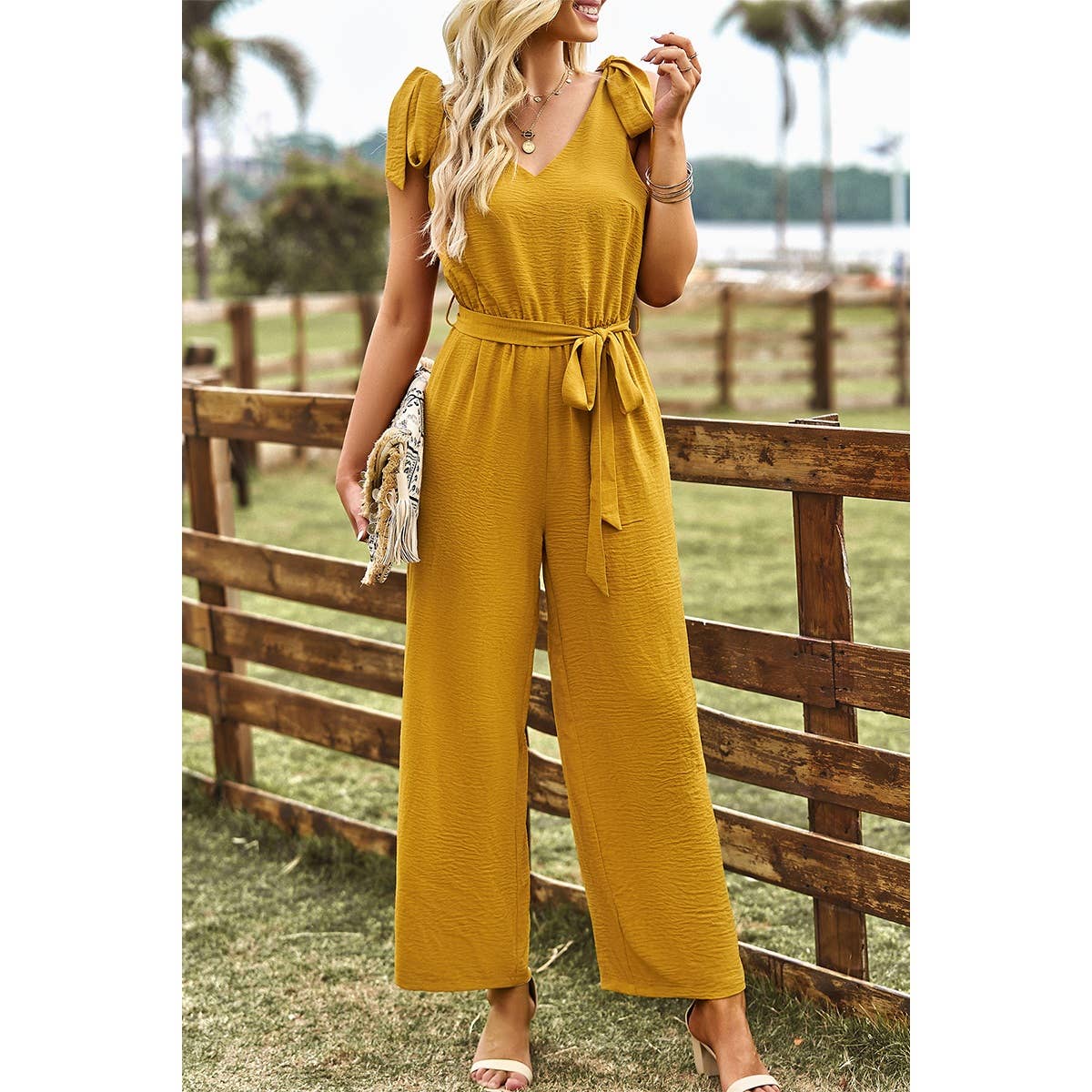 Solid V Neck Knot Shoulder Sleeveless Ruched Belt Jumpsuit - MVTFASHION.COM