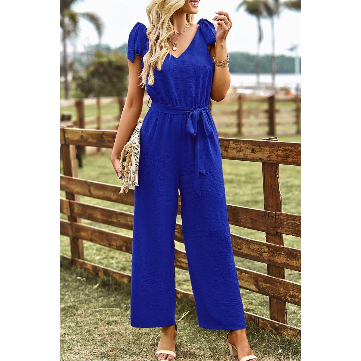 Solid V Neck Knot Shoulder Sleeveless Ruched Belt Jumpsuit - MVTFASHION.COM