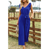 Solid V Neck Knot Shoulder Sleeveless Ruched Belt Jumpsuit - MVTFASHION.COM