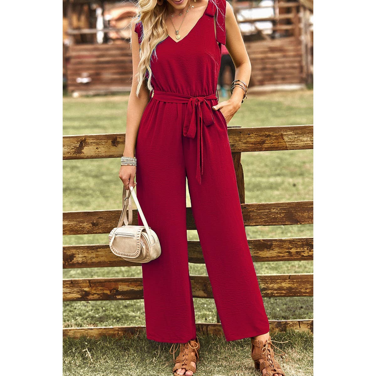 Solid V Neck Knot Shoulder Sleeveless Ruched Belt Jumpsuit - MVTFASHION.COM