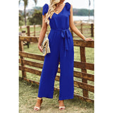 Solid V Neck Knot Shoulder Sleeveless Ruched Belt Jumpsuit - MVTFASHION.COM