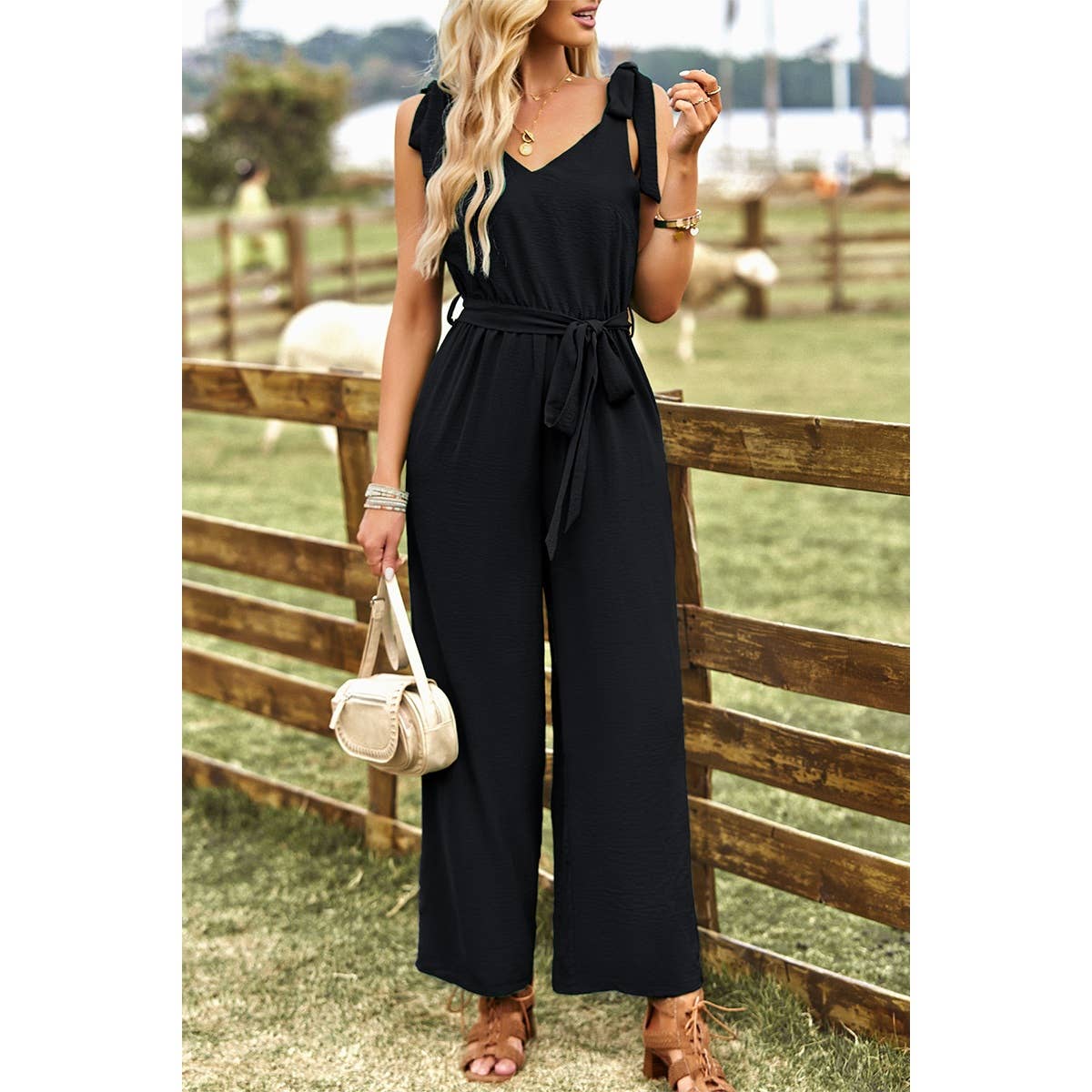 Solid V Neck Knot Shoulder Sleeveless Ruched Belt Jumpsuit - MVTFASHION.COM