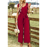 Solid V Neck Knot Shoulder Sleeveless Ruched Belt Jumpsuit - MVTFASHION.COM