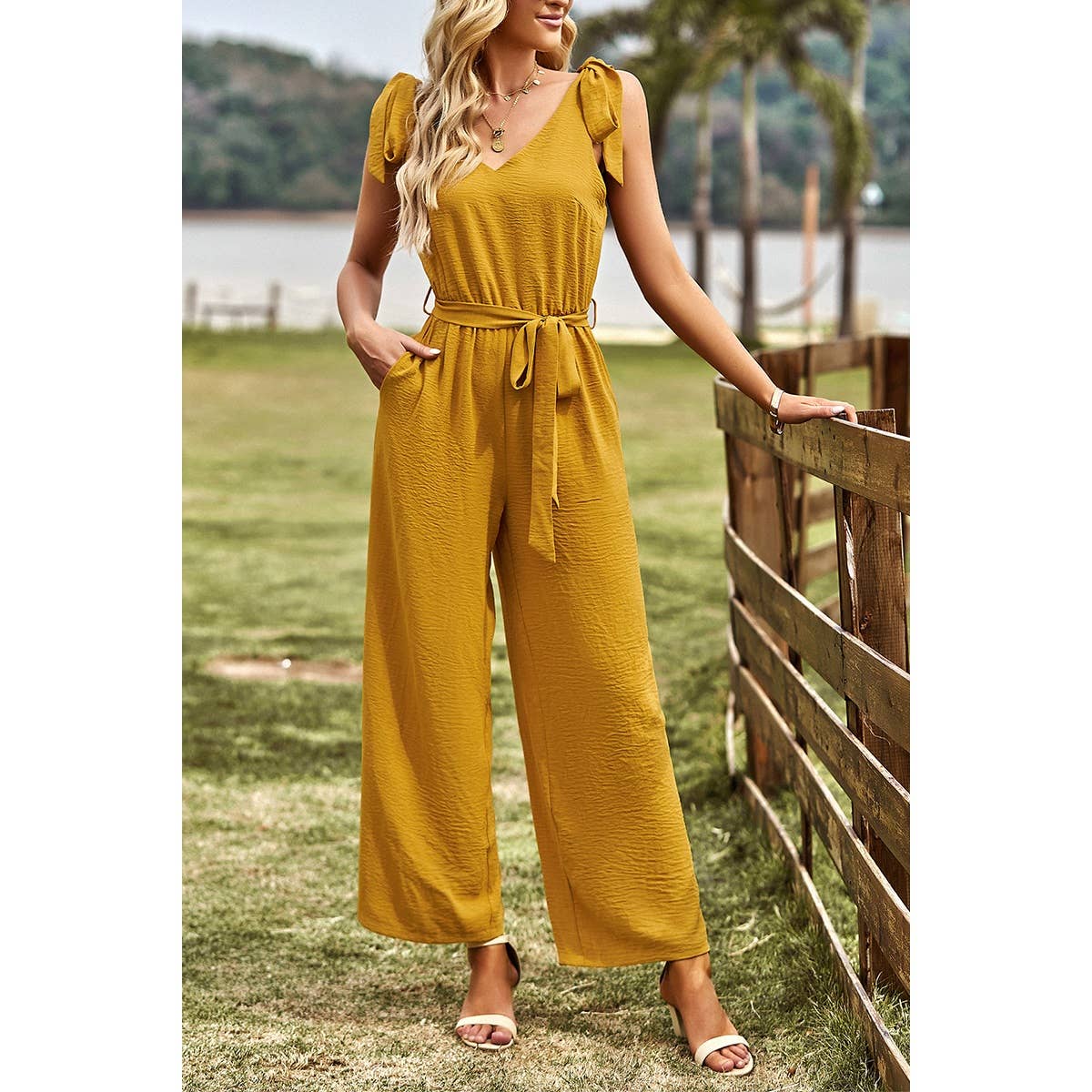 Solid V Neck Knot Shoulder Sleeveless Ruched Belt Jumpsuit - MVTFASHION.COM