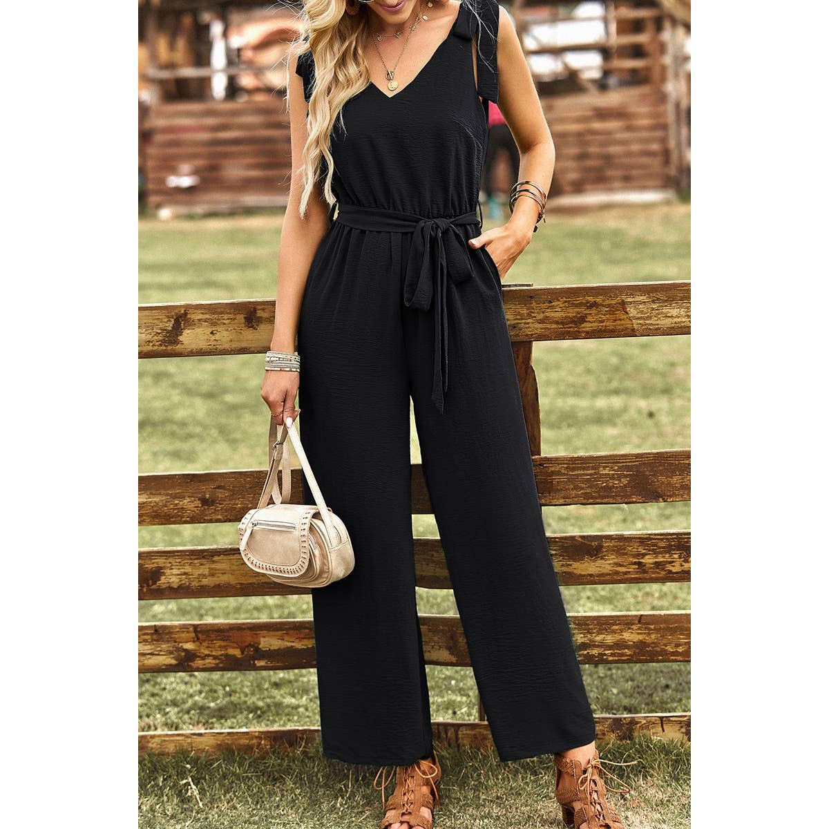 Solid V Neck Knot Shoulder Sleeveless Ruched Belt Jumpsuit - MVTFASHION.COM