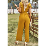 Solid V Neck Knot Shoulder Sleeveless Ruched Belt Jumpsuit - MVTFASHION.COM