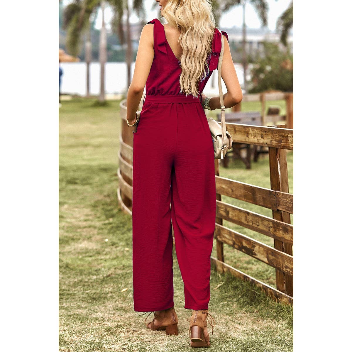 Solid V Neck Knot Shoulder Sleeveless Ruched Belt Jumpsuit - MVTFASHION.COM