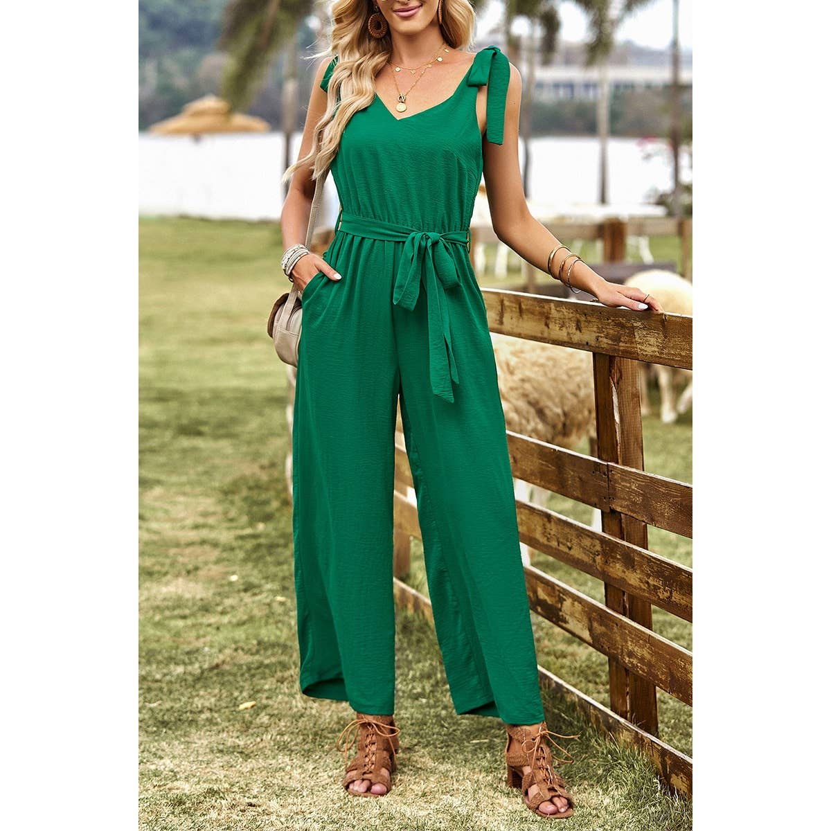 Solid V Neck Knot Shoulder Sleeveless Ruched Belt Jumpsuit - MVTFASHION.COM