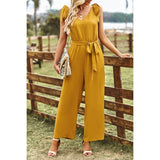 Solid V Neck Knot Shoulder Sleeveless Ruched Belt Jumpsuit - MVTFASHION.COM