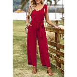 Solid V Neck Knot Shoulder Sleeveless Ruched Belt Jumpsuit - MVTFASHION.COM