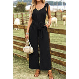 Solid V Neck Knot Shoulder Sleeveless Ruched Belt Jumpsuit - MVTFASHION.COM