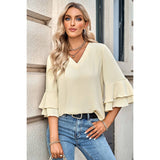 Solid V Neck Loose Fit Wide Sleeve Top - MVTFASHION.COM