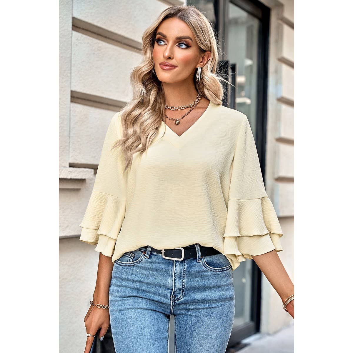 Solid V Neck Loose Fit Wide Sleeve Top - MVTFASHION.COM