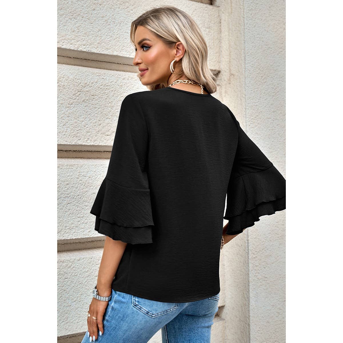 Solid V Neck Loose Fit Wide Sleeve Top - MVTFASHION.COM