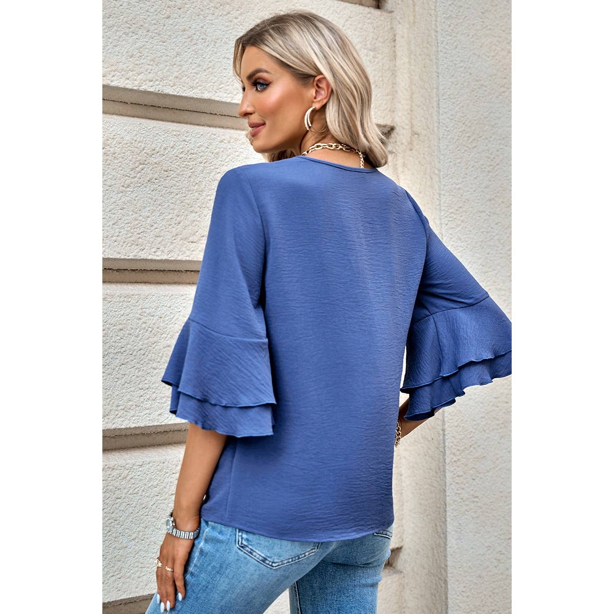 Solid V Neck Loose Fit Wide Sleeve Top - MVTFASHION.COM