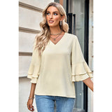 Solid V Neck Loose Fit Wide Sleeve Top - MVTFASHION.COM