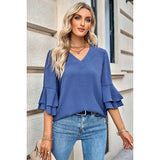 Solid V Neck Loose Fit Wide Sleeve Top - MVTFASHION.COM