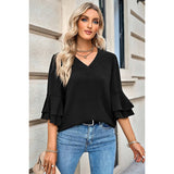 Solid V Neck Loose Fit Wide Sleeve Top - MVTFASHION.COM