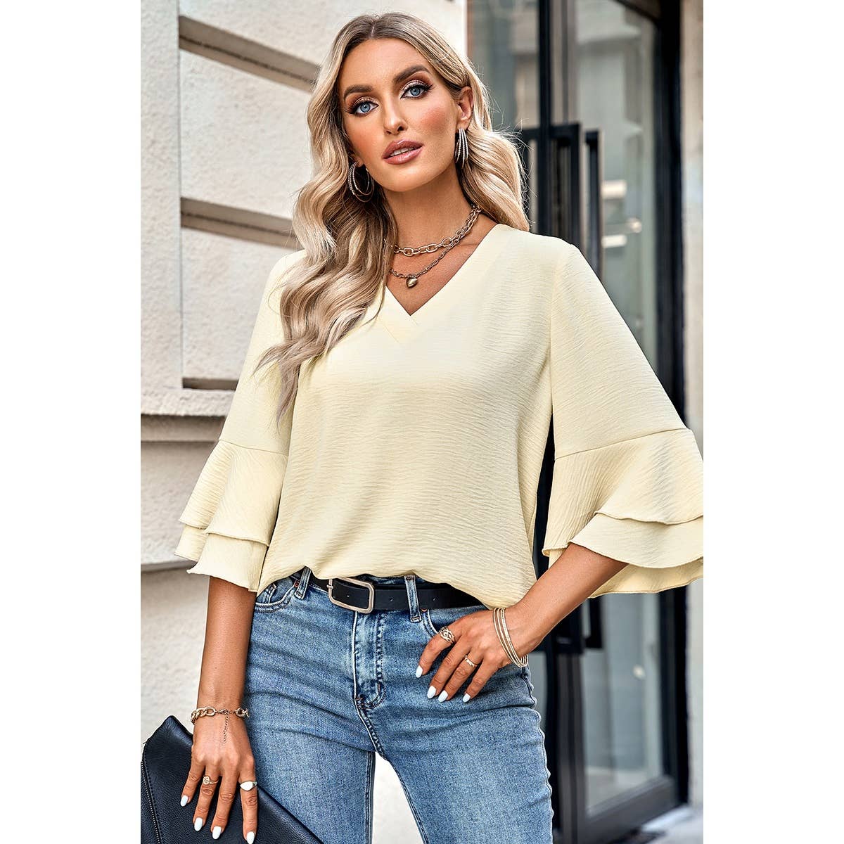 Solid V Neck Loose Fit Wide Sleeve Top - MVTFASHION.COM