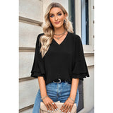 Solid V Neck Loose Fit Wide Sleeve Top - MVTFASHION.COM