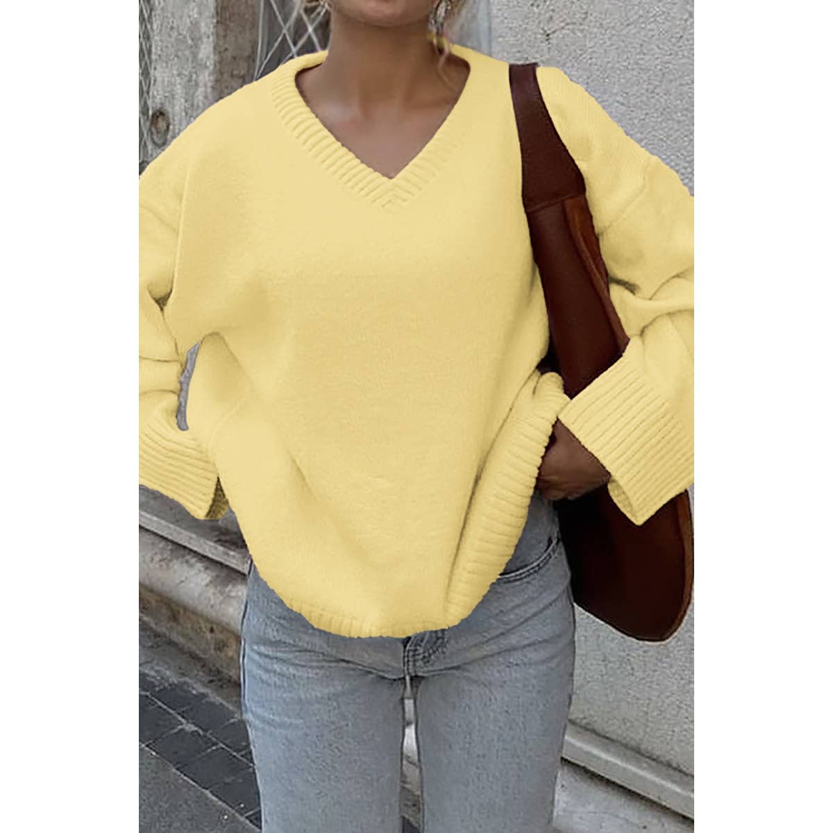 Solid V Neck Loose Knit Vintage Sweater - MVTFASHION.COM