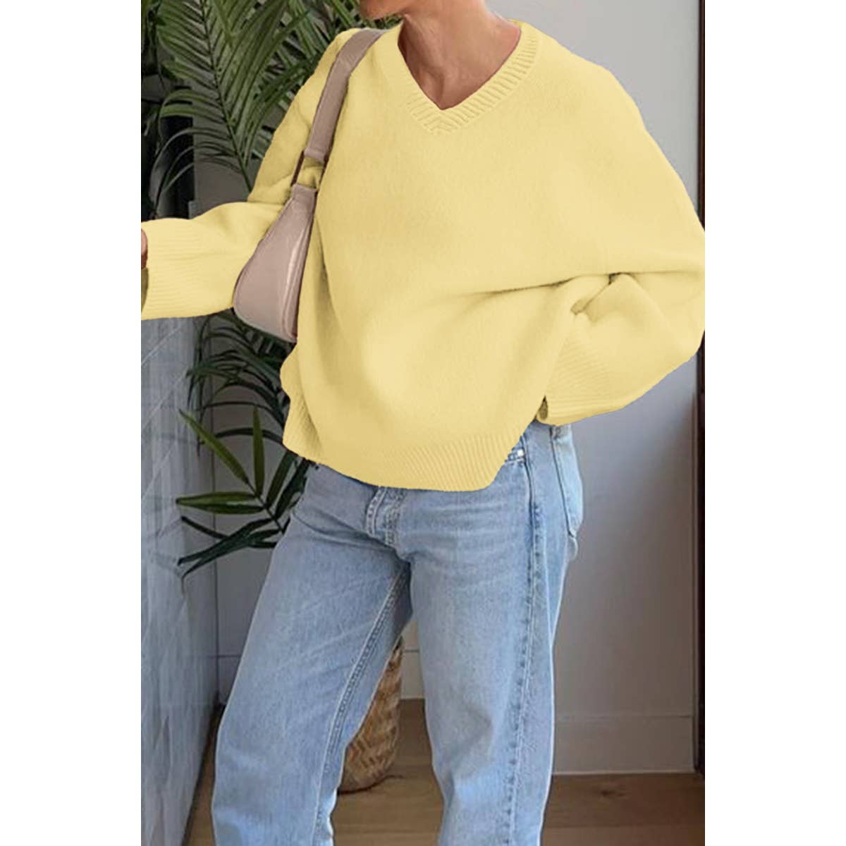 Solid V Neck Loose Knit Vintage Sweater - MVTFASHION.COM