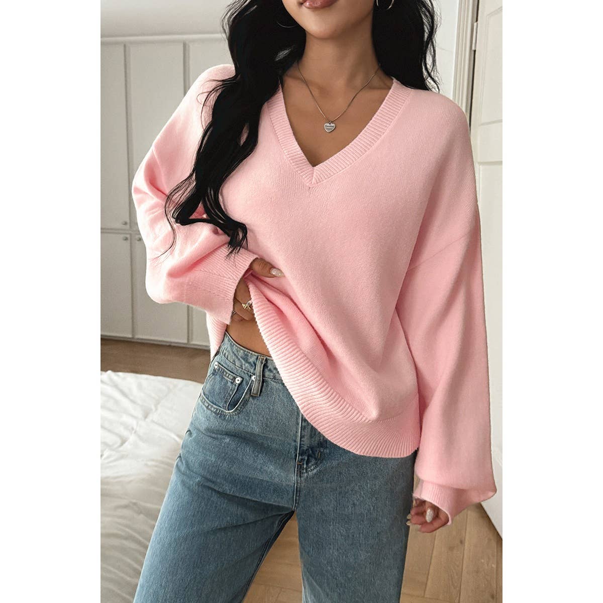 Solid V Neck Loose Knit Vintage Sweater - MVTFASHION.COM