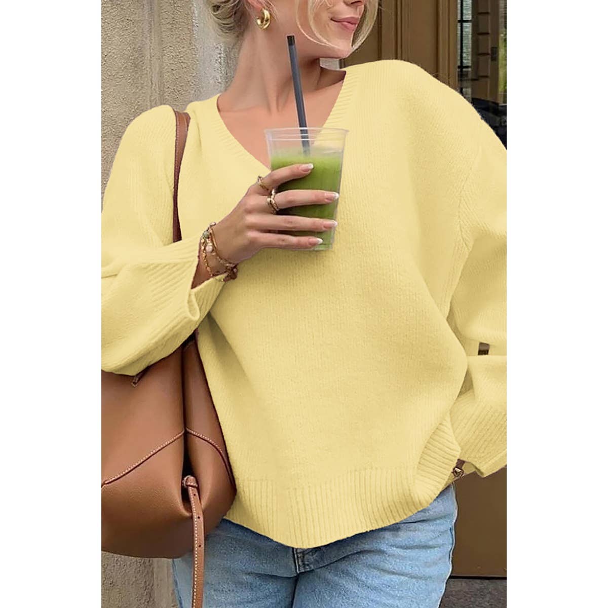 Solid V Neck Loose Knit Vintage Sweater - MVTFASHION.COM