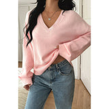 Solid V Neck Loose Knit Vintage Sweater - MVTFASHION.COM