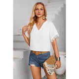 Solid V Neck Loose Lace Trim Color Block Blouse - MVTFASHION.COM