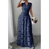 Solid V Neck Ruched Texture Splice Sleeveless Dress - MVTFASHION.COM