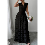 Solid V Neck Ruched Texture Splice Sleeveless Dress - MVTFASHION.COM