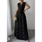 Solid V Neck Ruched Texture Splice Sleeveless Dress - MVTFASHION.COM