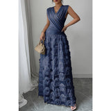 Solid V Neck Ruched Texture Splice Sleeveless Dress - MVTFASHION.COM