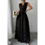 Solid V Neck Ruched Texture Splice Sleeveless Dress - MVTFASHION.COM