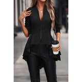 Solid V Neck Zip Up High Waist Ruffle Hem Top - MVTFASHION.COM