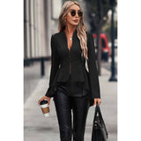 Solid V Neck Zip Up High Waist Ruffle Hem Top - MVTFASHION.COM