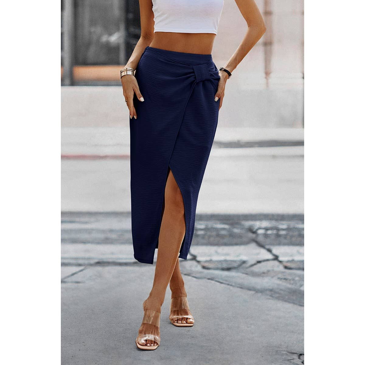 Solid Wrap Cross Self Belt Skirt - MVTFASHION.COM