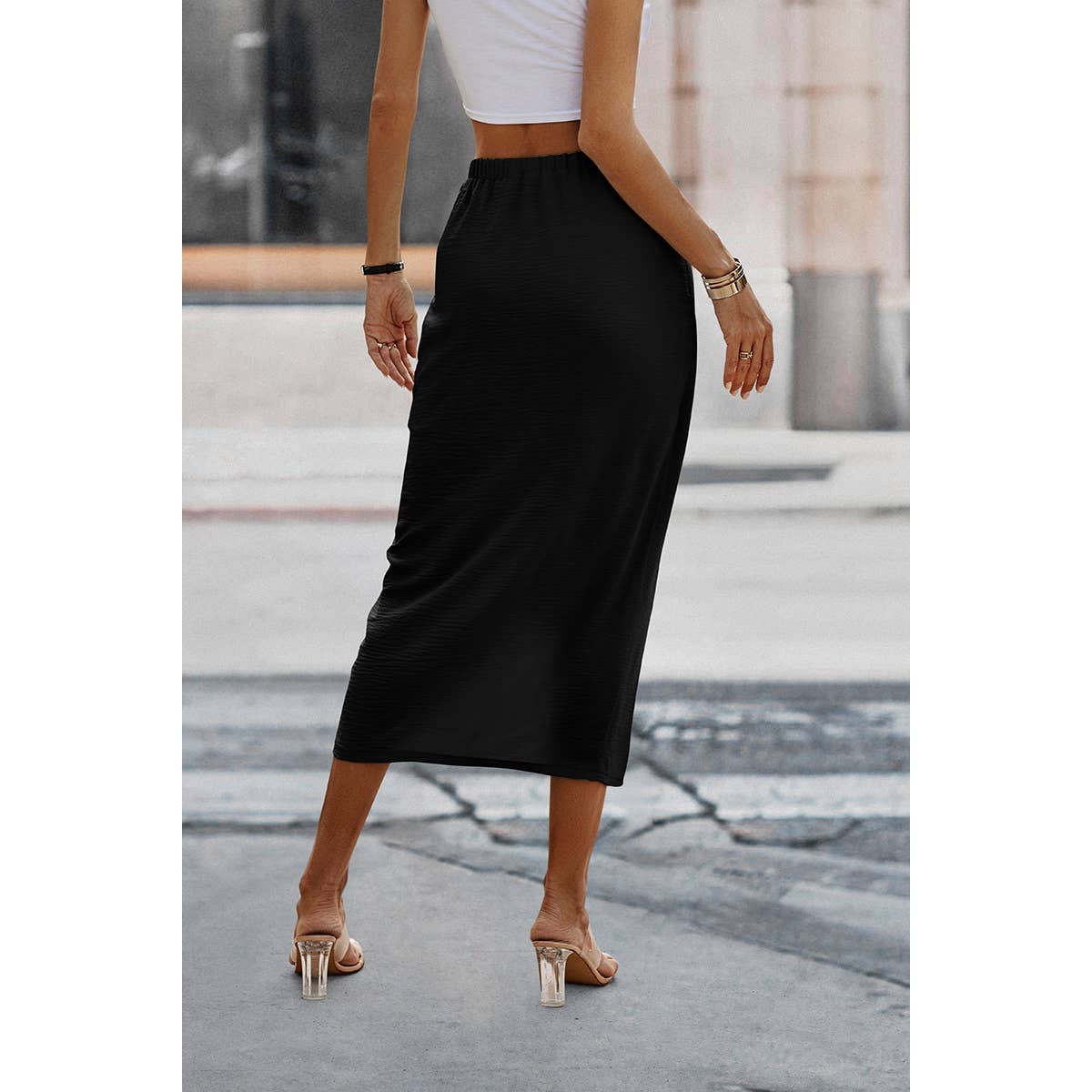 Solid Wrap Cross Self Belt Skirt - MVTFASHION.COM