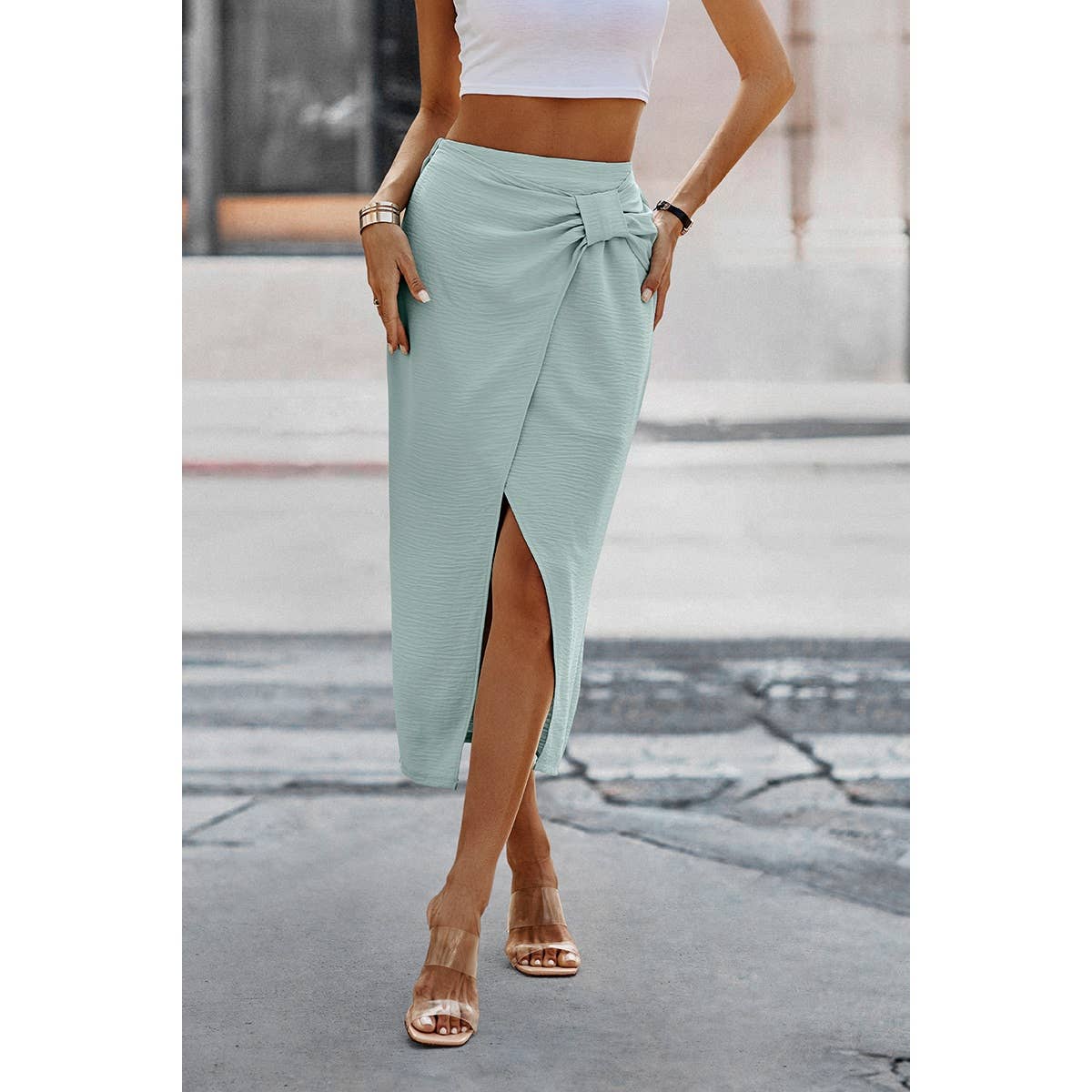 Solid Wrap Cross Self Belt Skirt - MVTFASHION.COM